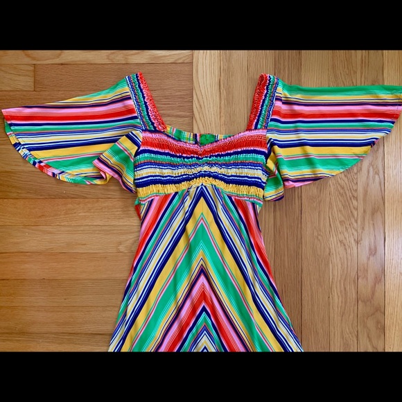 Vintage 70s rainbow striped flutter sleeve dress - Picture 4 of 6